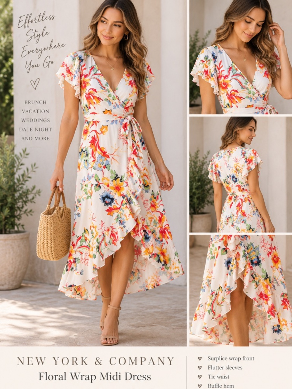 New York & Company Floral Wrap Midi Dress Ruffle Hi-Low Hem M